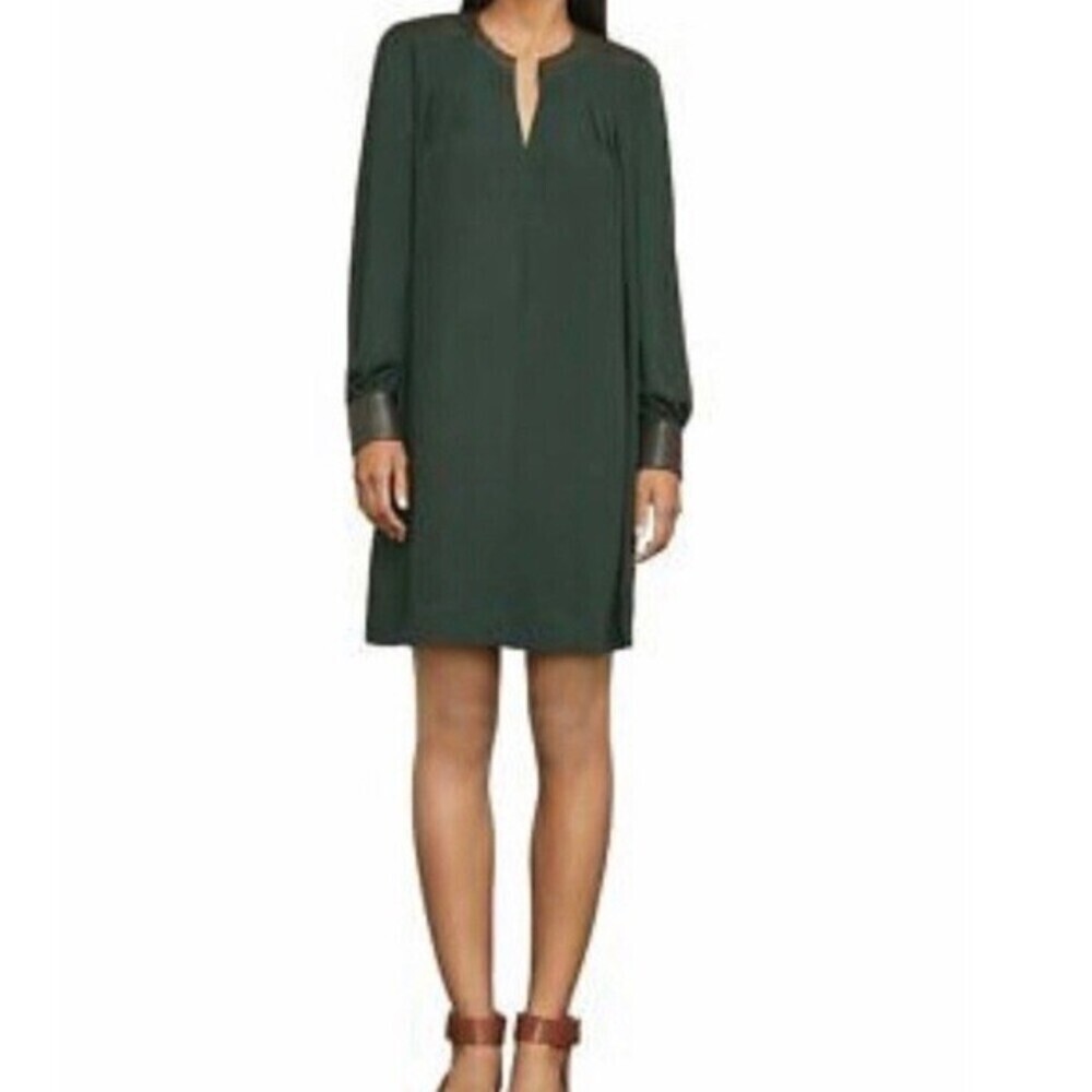 BCBGMAXAZRIA Shift Dress With Faux Leather Trim Alpine Green Size M $296